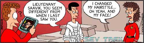 Sev Trek - cartoon spoofs of Star Trek. Copyright 1999 by John Cook.