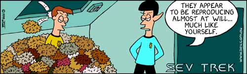 Sev Trek - cartoon spoofs of Star Trek. Copyright 1999 by John Cook.