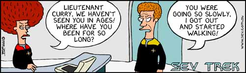 Sev Trek - cartoon spoofs of Star Trek. Copyright 1999 by John Cook.