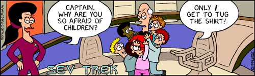 Sev Trek - cartoon spoofs of Star Trek. Copyright 1999 by John Cook.